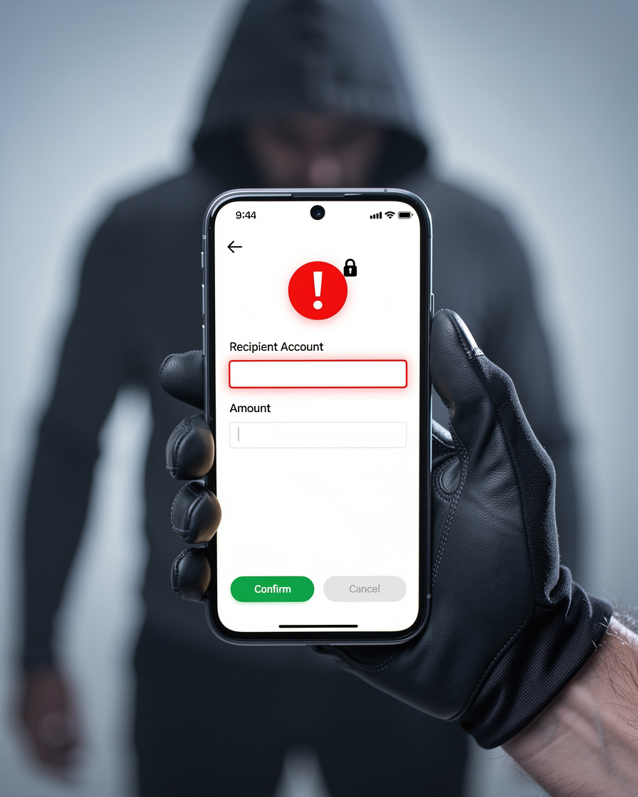 Смартфон с предупреждением о переводе на чужой счет и тенью подозрительной фигуры на фоне.