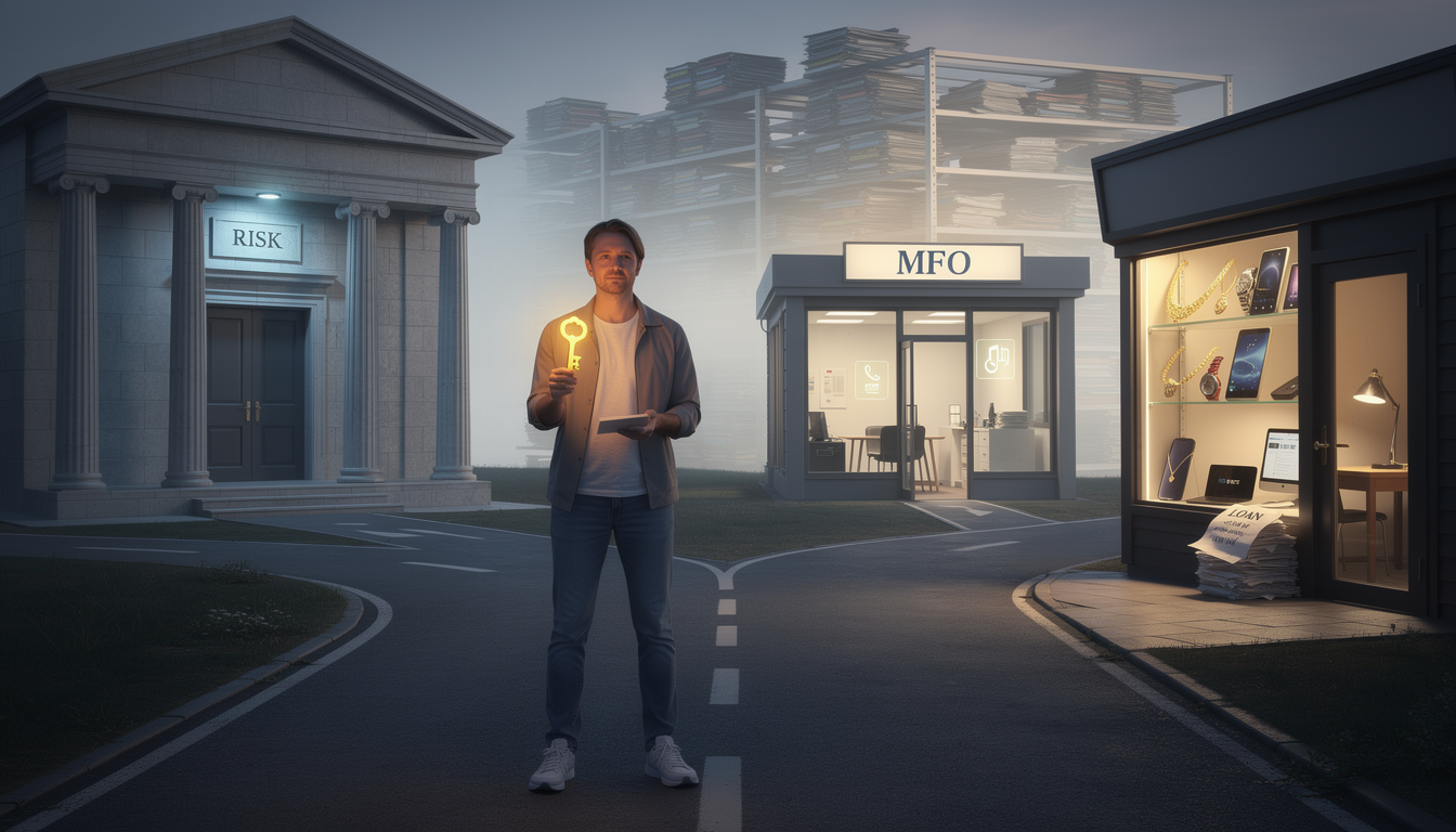 Человек на перепутье финансовых возможностей с ключом доступа к займу.