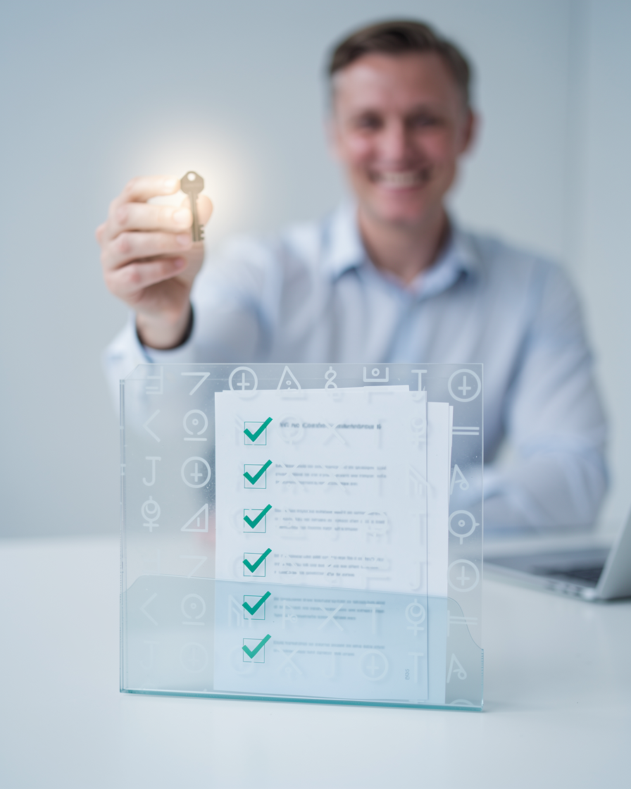 Минималистичный офис с папкой 'Без проверок' и довольным человеком с ключом.