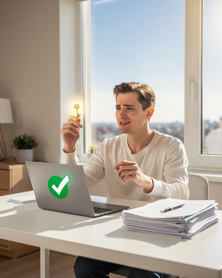 Человек в домашнем офисе с ключом, символизирующим доступ к займам, в спокойной и уверенной обстановке.