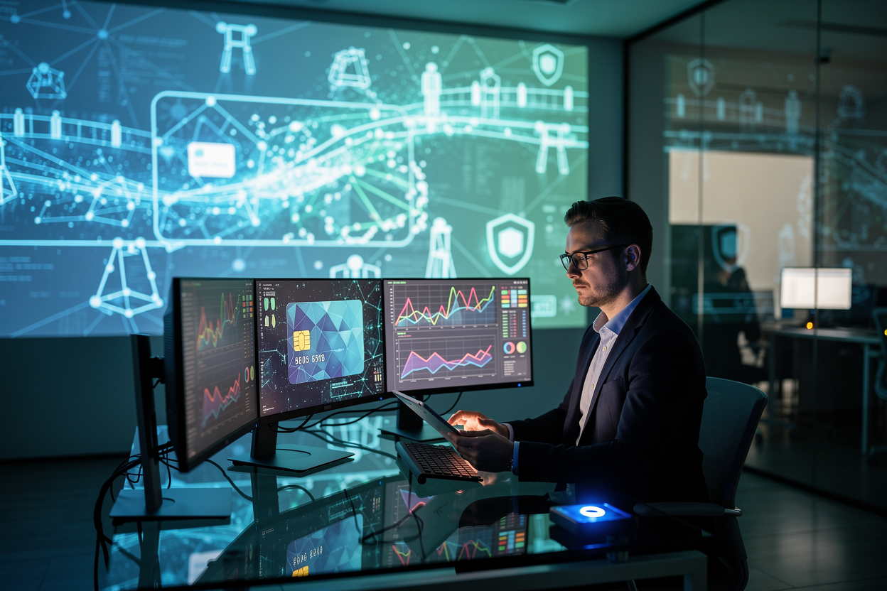 Финансовый аналитик проверяет данные клиента в высокотехнологичном офисе ночью.