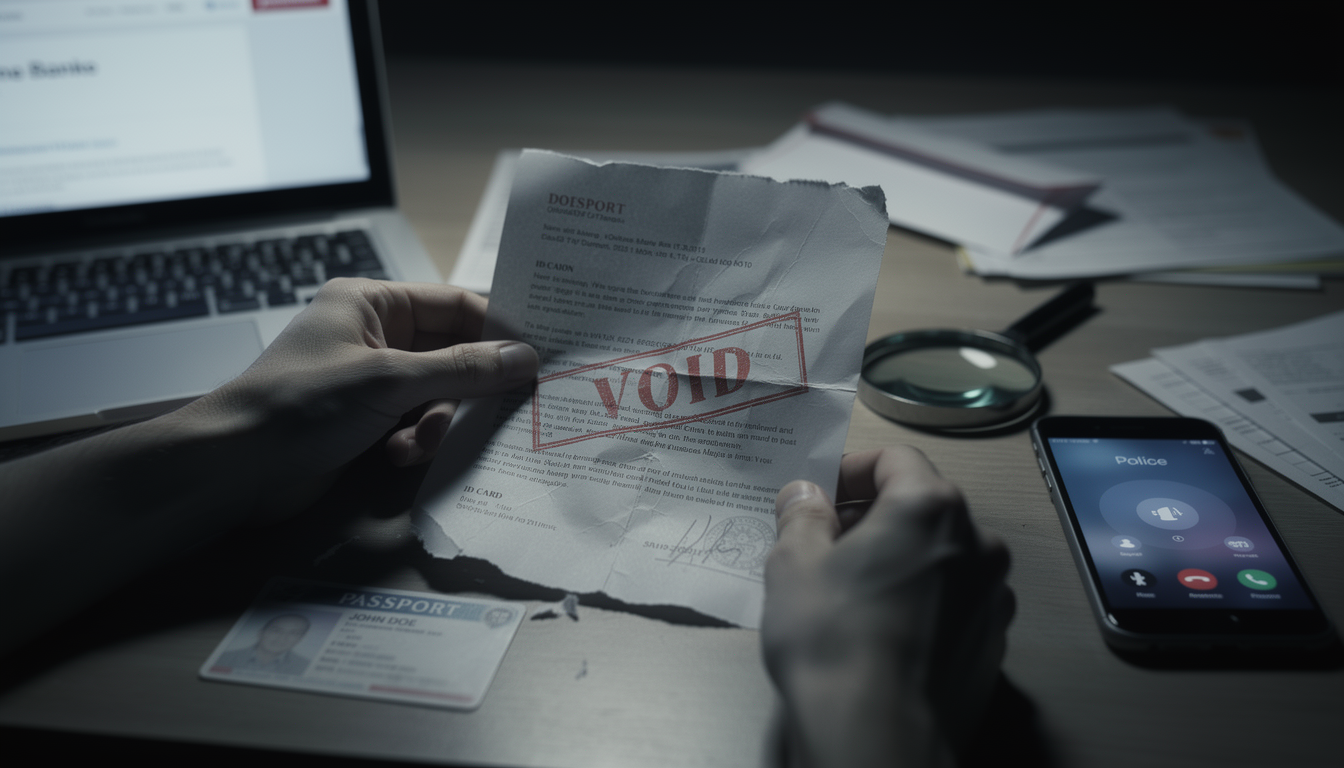 Руки человека в стрессе держат разорванный документ о кредите, на столе ноутбук, телефон и личные документы, символизируя борьбу с мошенничеством.