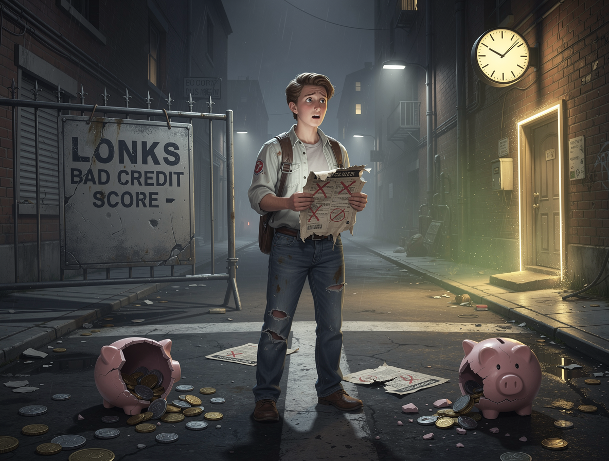 Человек на перекрёстке в тёмном переулке с плохим кредитным отчётом, выбирающий между закрытой банковской дверью и светящейся дверью альтернативного кредитора, символизируя займы с плохой кредитной историей.
