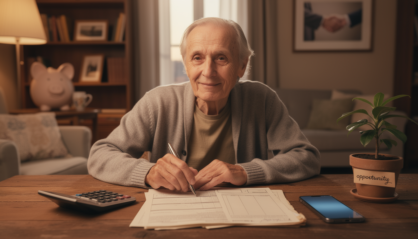 Пожилой человек за столом с документами и смартфоном, символизирующими альтернативные варианты займов без банковской карты.