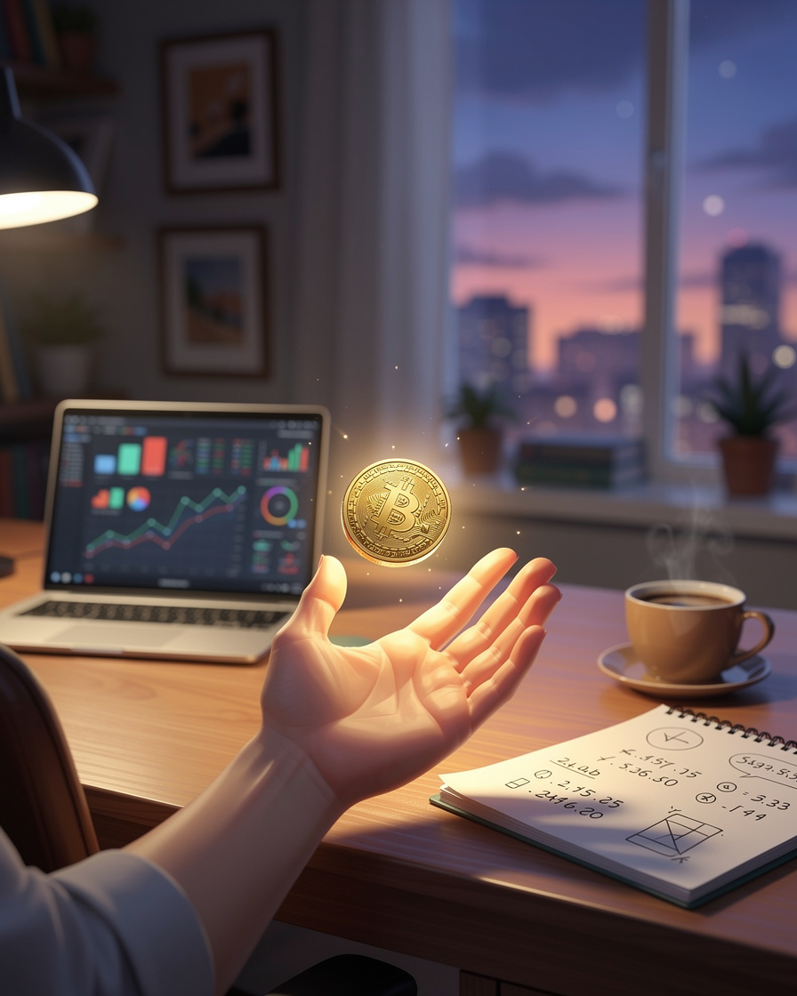 Светящаяся монета с часами над рукой в домашнем офисе, символизирующая быстрые и доступные микрозаймы.