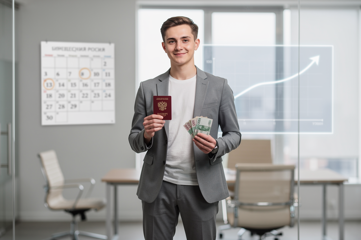 Молодой человек в офисе с паспортом и деньгами, символизирующий доступные условия получения микрозайма.