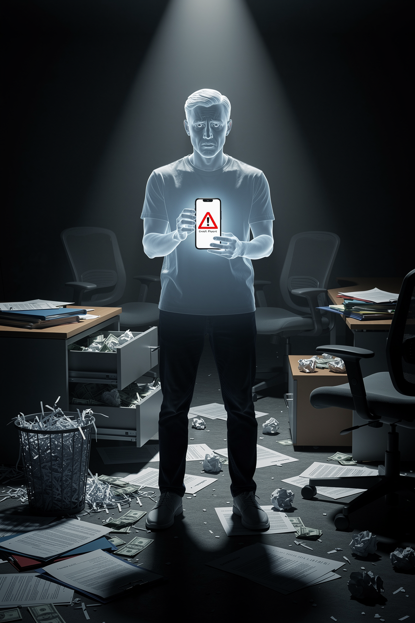 Человек в виде силуэта с телефоном, показывающим иконку кредитного отчёта с предупреждением, в беспорядочном офисе, символизируя срочные действия при подозрении на мошенничество с кредитами.