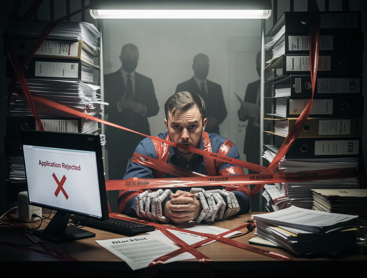 Человек, запутавшийся в паутине юридических документов и красной ленты, символизирующей последствия нарушения правил займа.