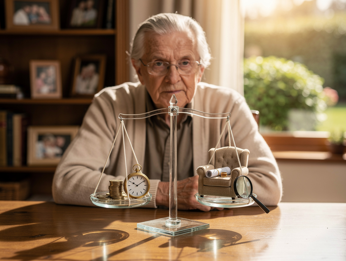 Пенсионер сравнивает условия займов с помощью весов, символизирующих процентные ставки и удобство, в уютной комнате.
