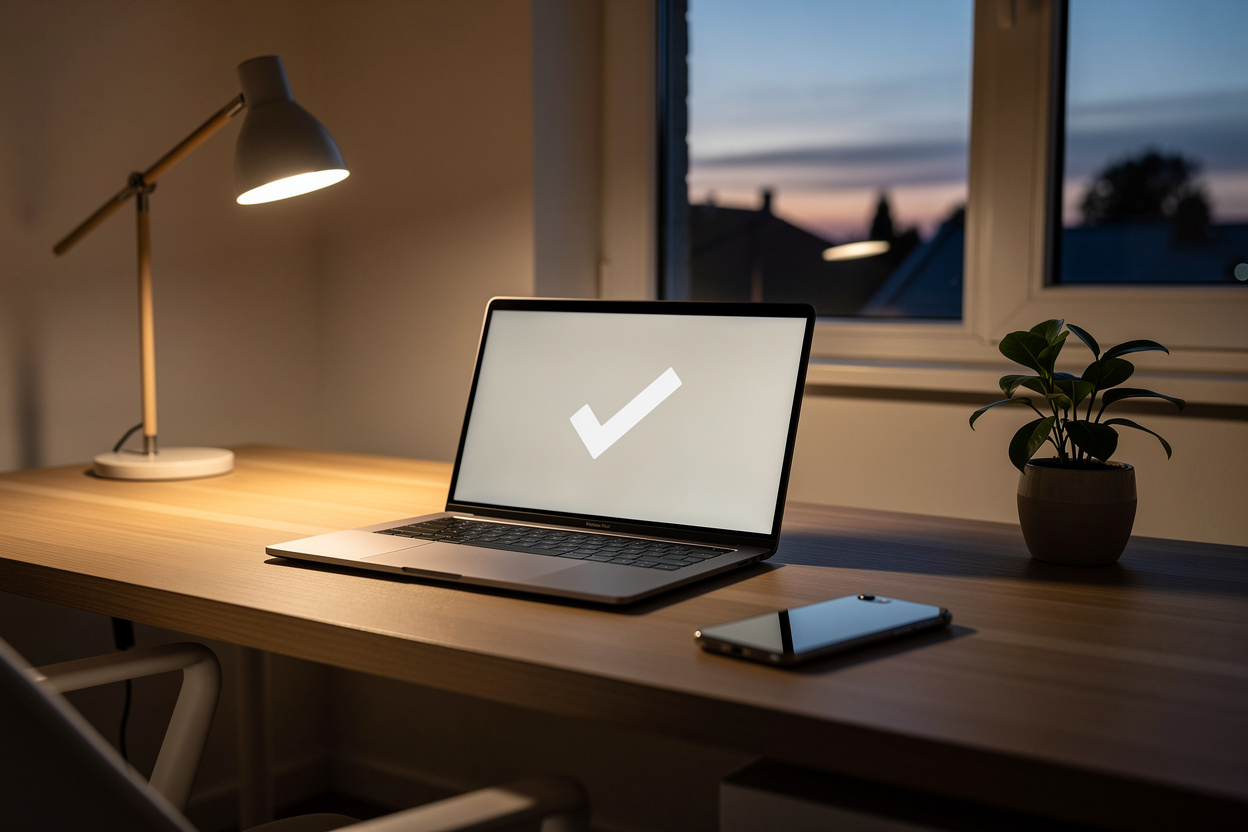 Тихий домашний офис с ноутбуком, показывающим галочку, и отключённым телефоном, символизирующий лёгкий доступ к займам без проверок.