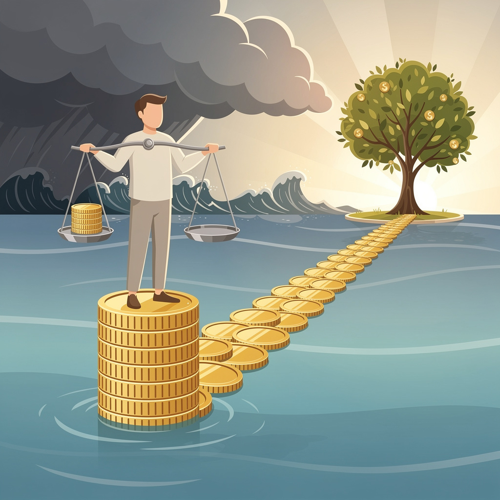 Человек стоит на устойчивой платформе из монет, держа весы, символизирующие контроль над долгами, на фоне спокойного моря и моста к процветанию.