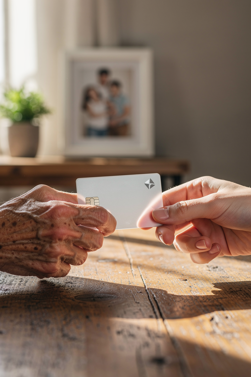 Две руки держат банковскую карту в домашней обстановке, символизируя безопасный доступ к средствам для близких.