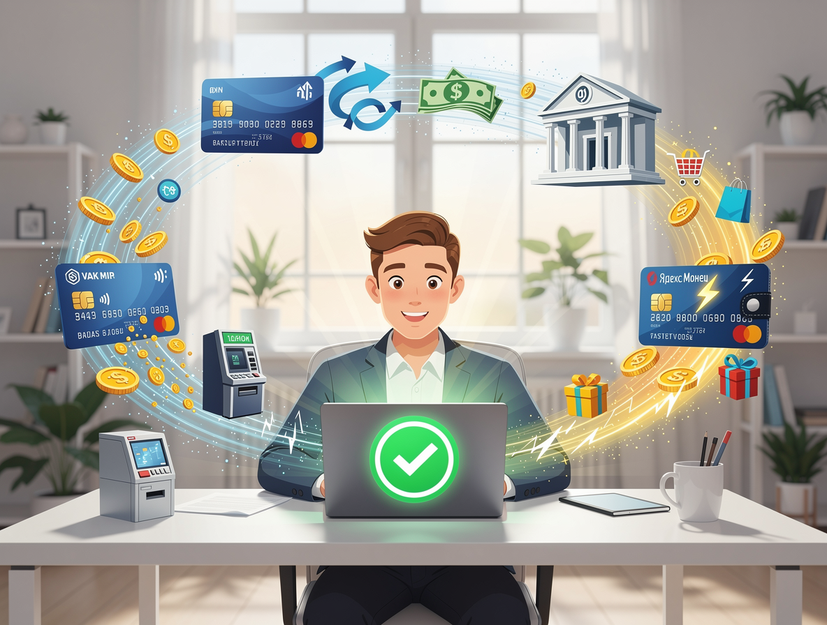 Иллюстрация: человек в офисе выбирает способ получения денег после одобрения займа через карту, электронный кошелёк и банковский перевод.