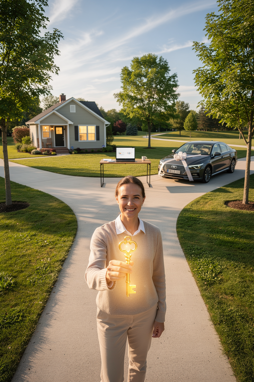 Человек на перекрёстке держит ключ, символизирующий доступ к займам, с путями, ведущими к дому, ноутбуку и машине.