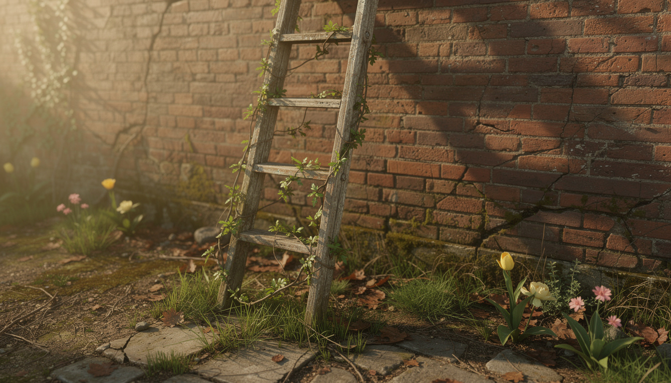 Старая лестница в оживающем саду символизирует доступность займов при плохой кредитной истории.