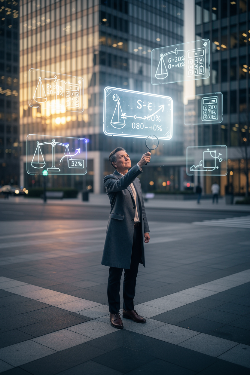 Человек на перепутье в финансовом районе, сравнивающий варианты микрозаймов с помощью символических знаков.