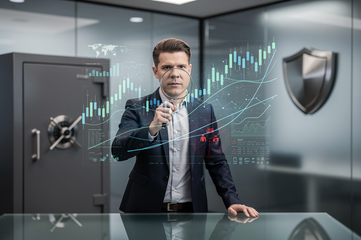 Бдительный человек исследует финансовый график с помощью лупы, символизируя защиту от мошенничества.