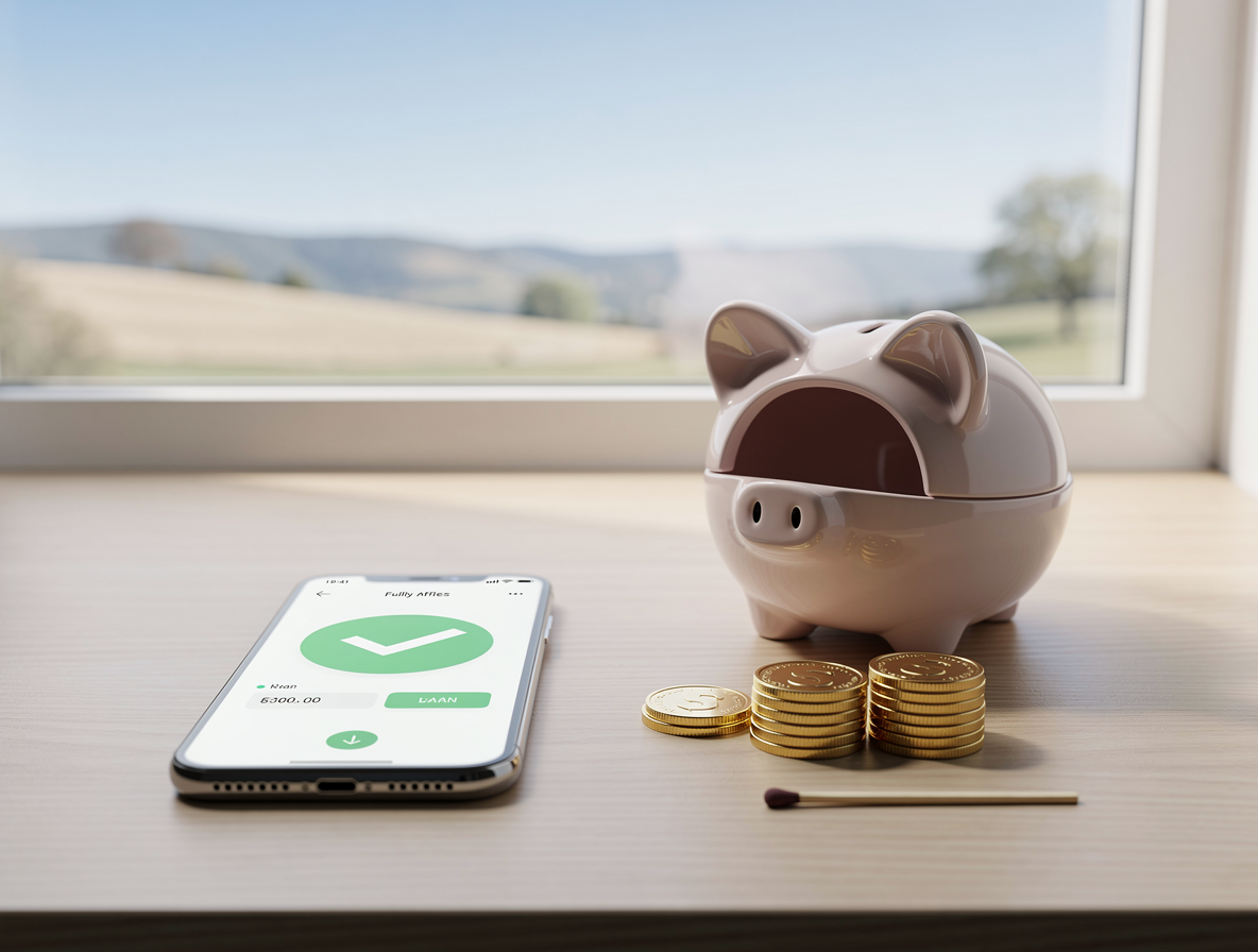 Изображение рабочего стола с телефоном, показывающим погашенный займ, и символами финансовой свободы.