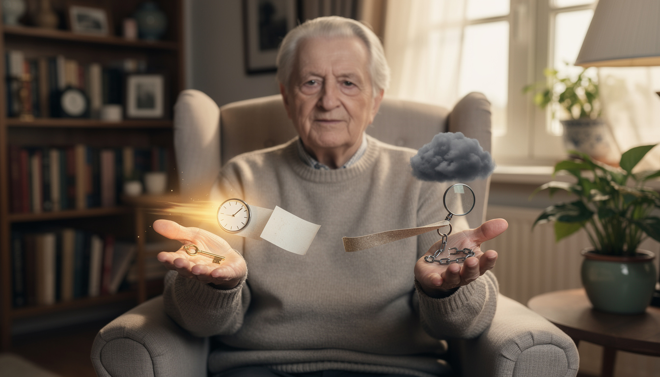 Пожилой человек в уютной домашней обстановке, взвешивающий на ладонях символы преимуществ и недостатков займов без карты.