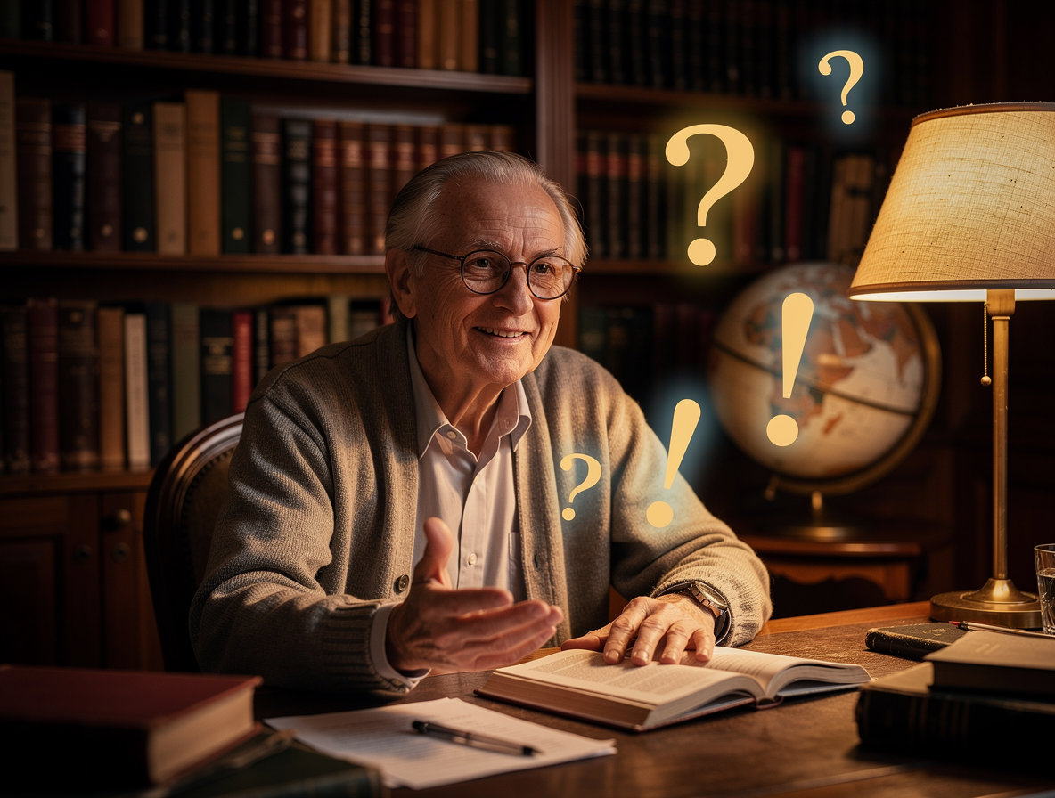 Мудрый эксперт в кабинете с книгами, отвечает на вопросы, окруженный светящимися знаками вопроса и восклицания.