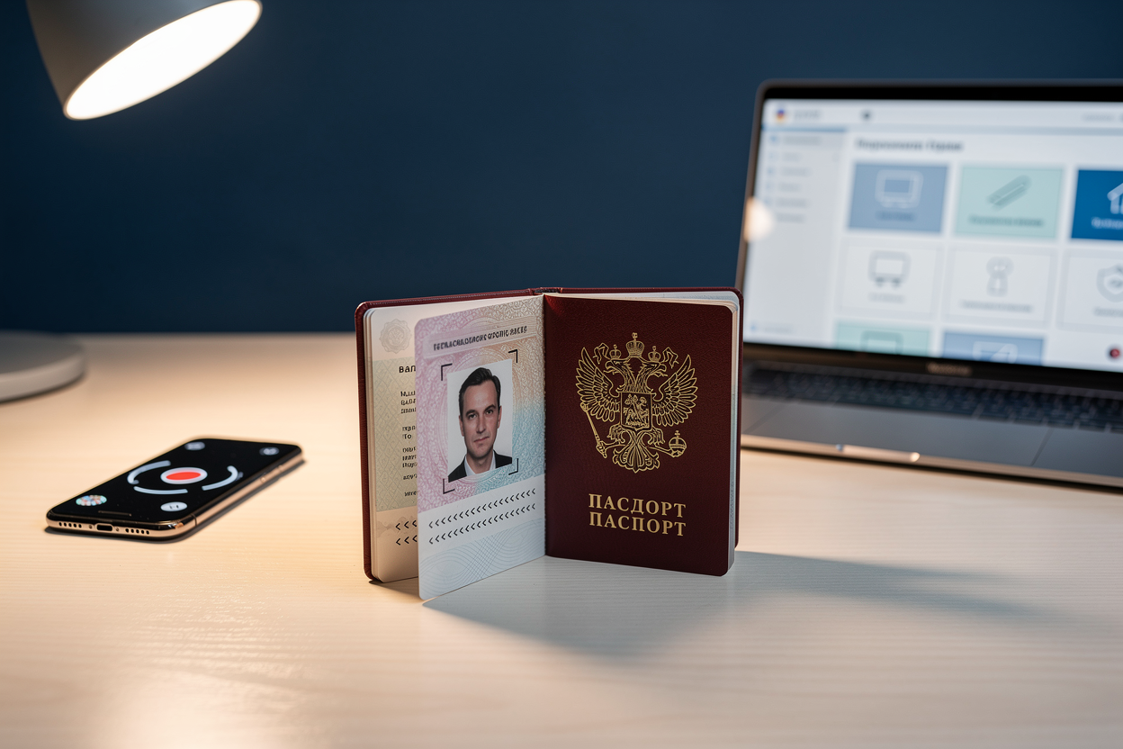 Российский паспорт, лежащий на столе рядом со смартфоном и ноутбуком, символизирующий простой процесс оформления займа.