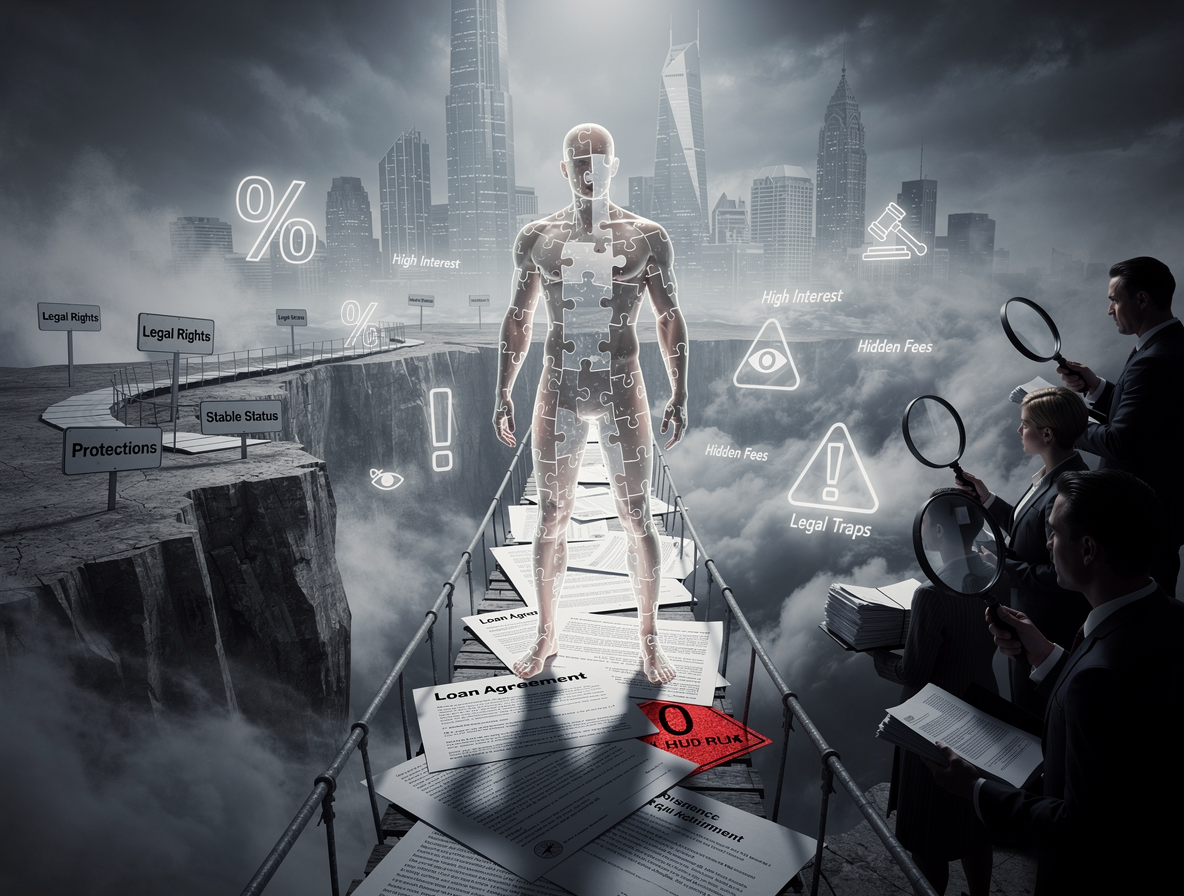 Символическое изображение человека без постоянной прописки на шатком мосту из документов над пропастью финансовых рисков.