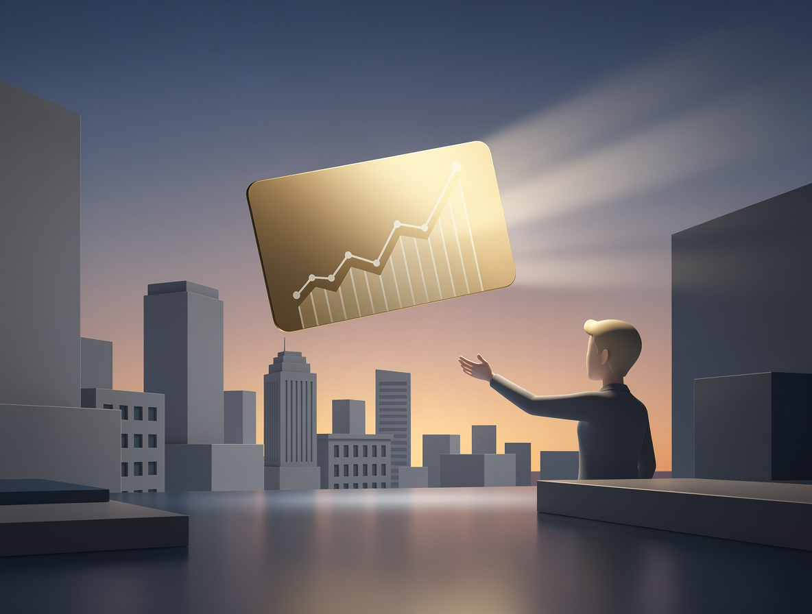 Кредитная карта с золотистым свечением парит над городским пейзажем, символизируя доступность кредита без подтверждения дохода.