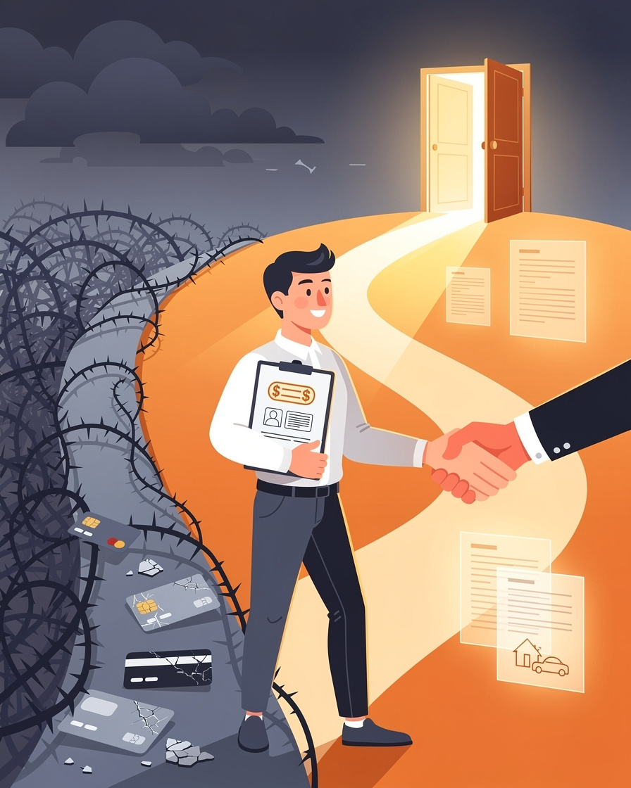 Иллюстрация человека на распутье, преодолевающего плохую кредитную историю для получения займа с документами и светлым путём.