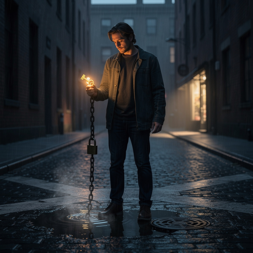 Человек на перекрёстке в тёмном переулке держит золотой ключ и тяжёлую цепь, символизируя выбор между преимуществами и рисками микрозаймов.