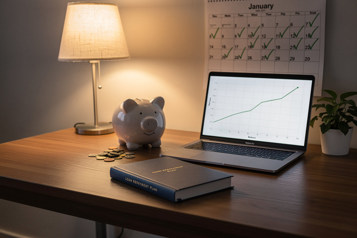 Упорядоченный домашний офис с книгой плана погашения займа и символами финансового прогресса