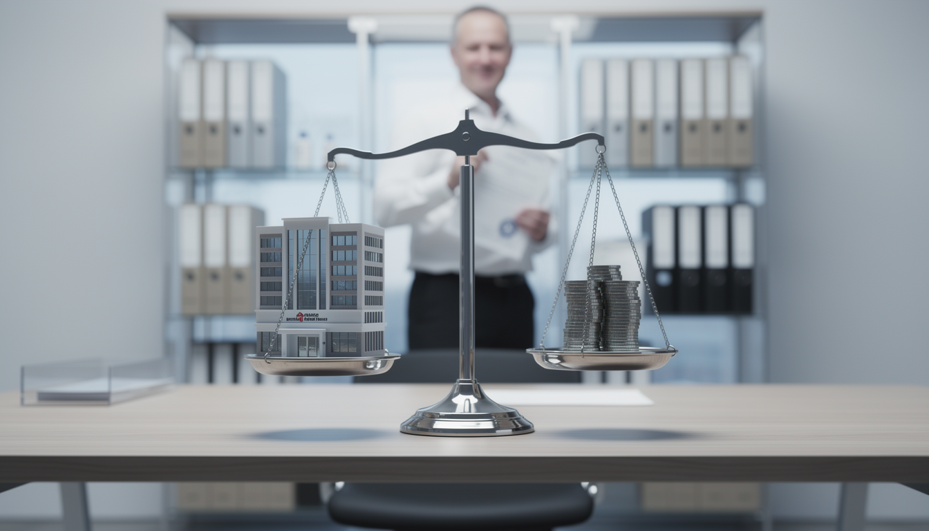 Символическое изображение юридических аспектов и налогообложения в микрофинансировании с весами, документами и монетами.