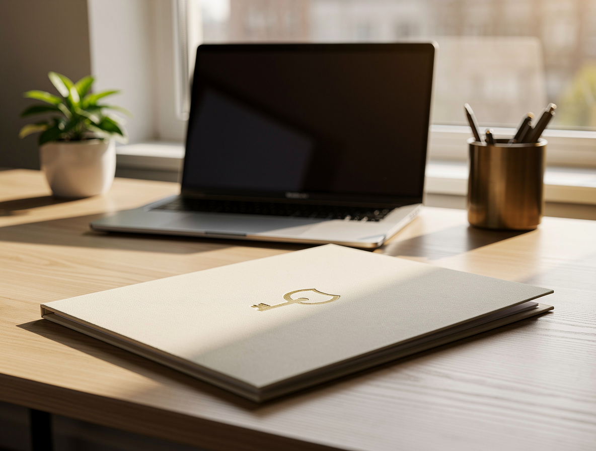 Элегантная папка на столе в современном домашнем офисе, символизирующая доступность кредита без подтверждения дохода.