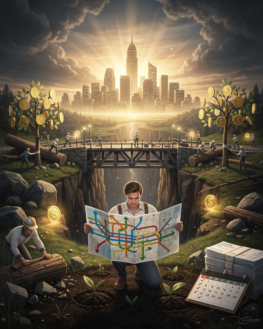 Человек на перекрёстке с картой, улучшающий кредитную историю через действия и рост хороших привычек на пути к финансовому одобрению.