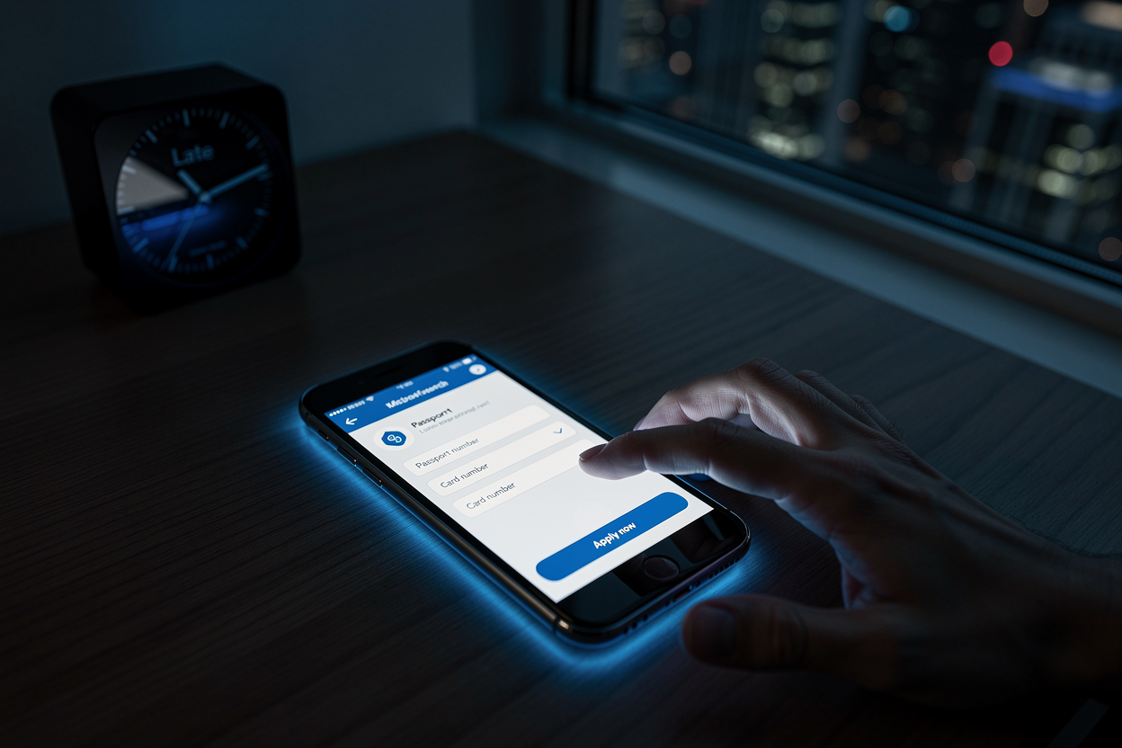 Смартфон с приложением для онлайн-займа на столе в ночное время, символизирующий круглосуточный доступ к альтернативному финансированию.