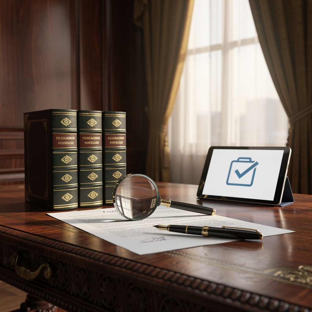 Символическое изображение юридической безопасности сделки с книгами законов и договором на столе в офисе.