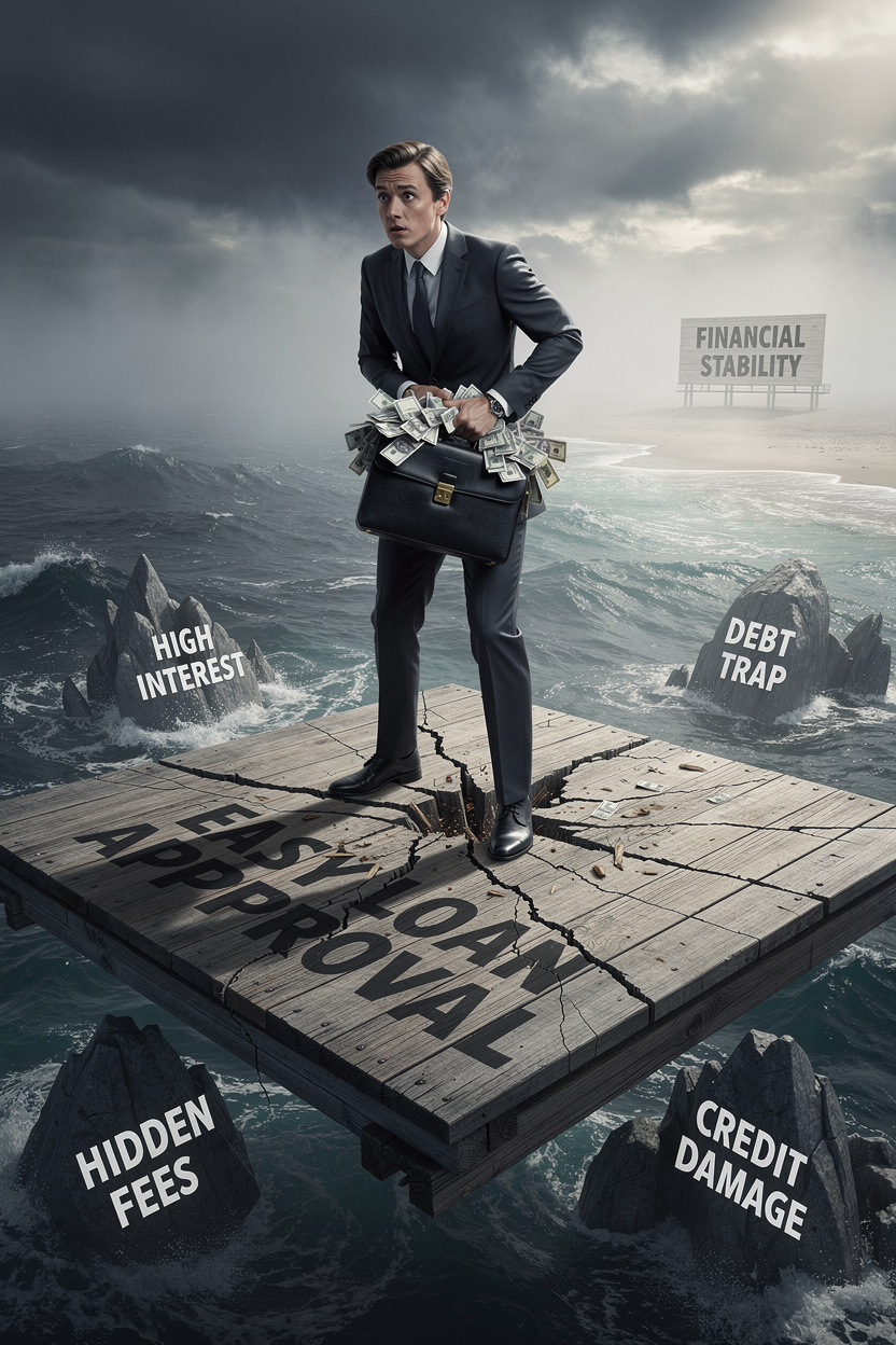 Человек на шаткой платформе над океаном с подводными камнями, символизирующими риски кредитов.