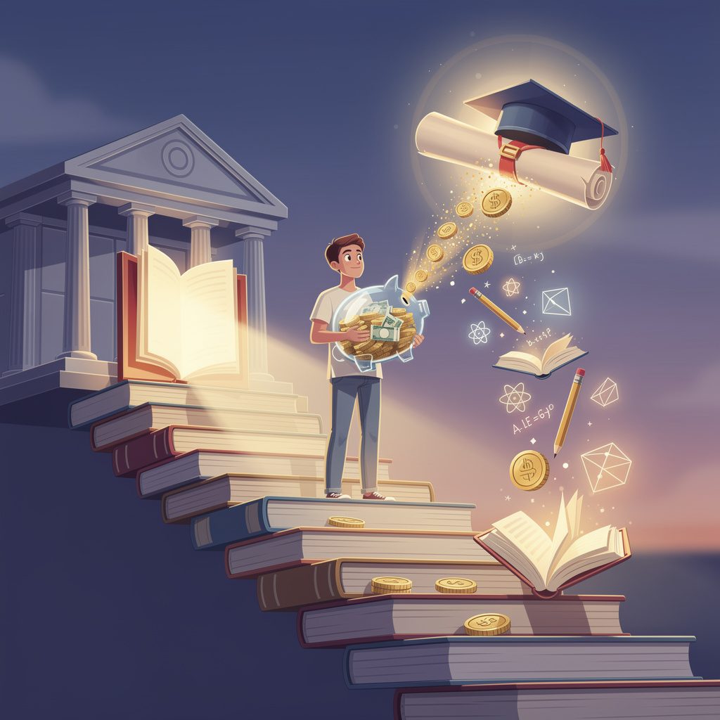 Символическое изображение образовательного кредита: человек на лестнице из книг держит копилку, из которой монеты превращаются в учебные предметы, ведущие к диплому на фоне банка.