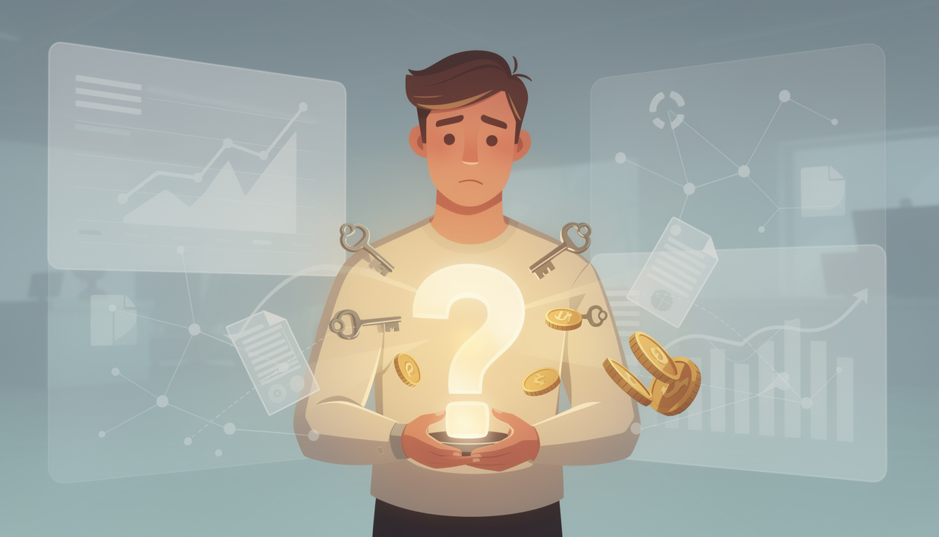 Человек с фонарём в форме вопросительного знака, освещающим символы ответов в абстрактной финансовой среде.