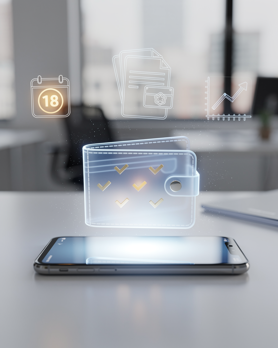 Цифровой кошелёк с символами одобрения займа на фоне смартфона и абстрактных элементов требований.