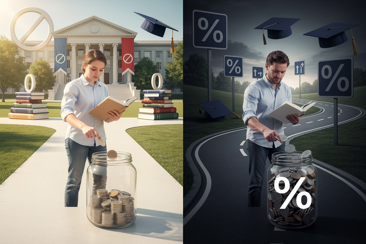 Символическое изображение выбора между рассрочкой и кредитом на обучение: человек на распутье с двумя дорогами, одна без процентов, другая с процентами, в образовательном контексте.