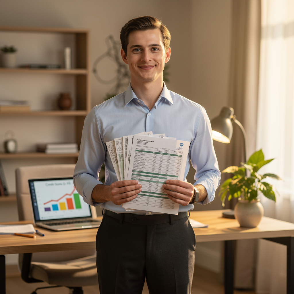 Профессионал в домашнем офисе держит финансовые документы, символизируя подготовку и уверенность для повышения шансов на одобрение кредита.