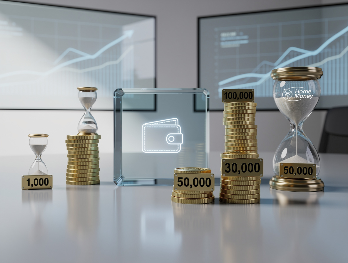 Метафорическое изображение финансовых условий: стеклянный фундамент с иконкой кошелька, стопки монет разного размера, песочные часы и цифровые графики в современном офисе.