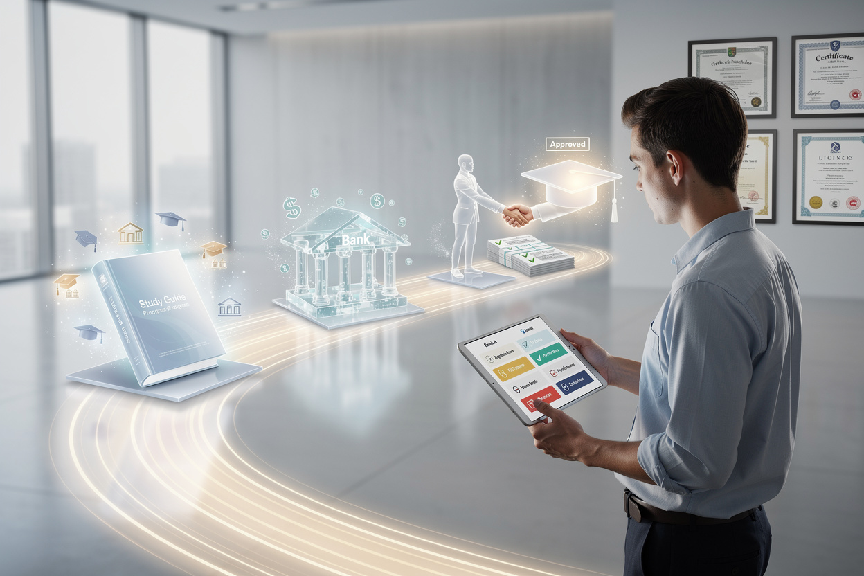 Человек в офисе рассматривает этапы получения образовательного кредита, представленные в виде стилизованных иконок на пути.