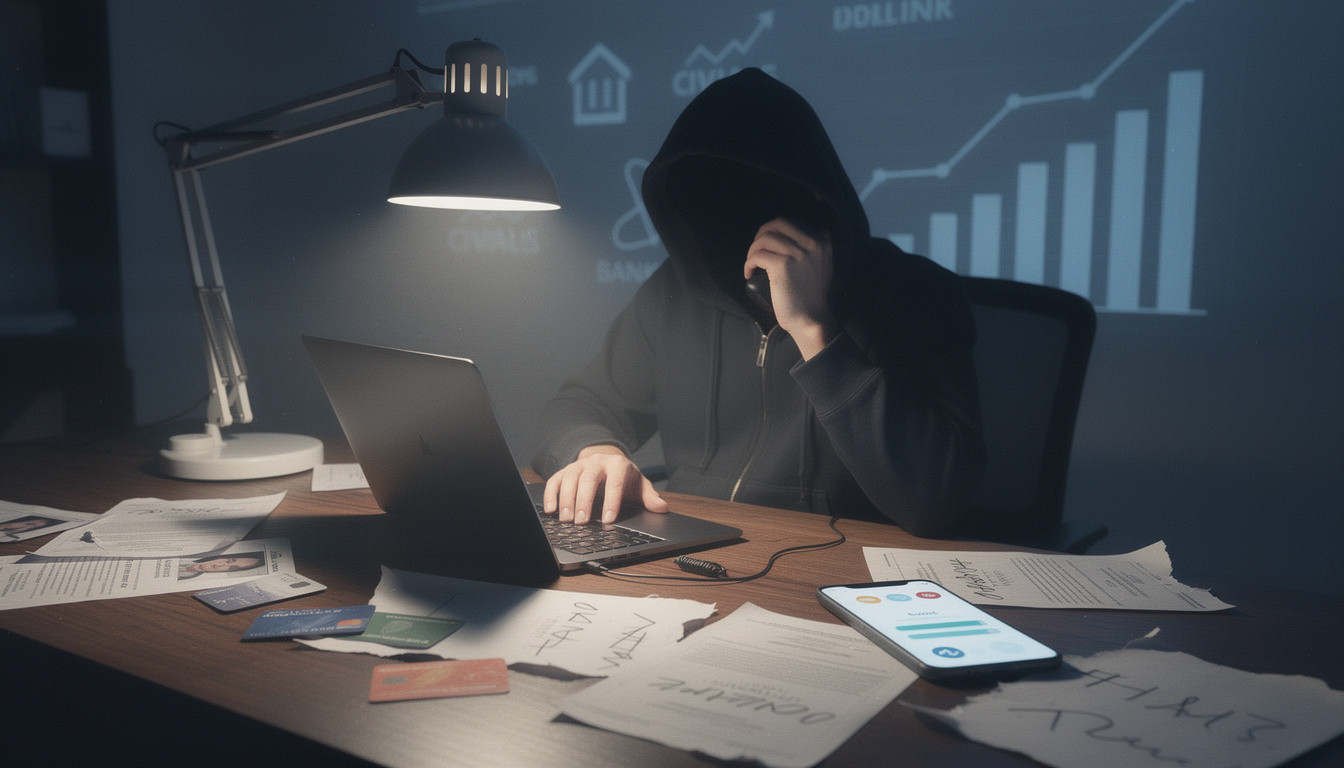 Теневая фигура использует чужие документы для оформления кредита в ночном офисе