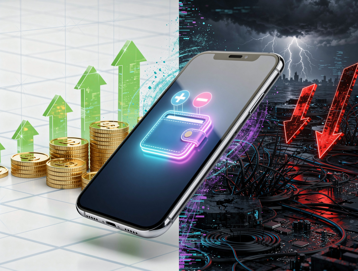 Смартфон с электронным кошельком в цифровом ландшафте, показывающий преимущества и недостатки займов через контрастные символы.