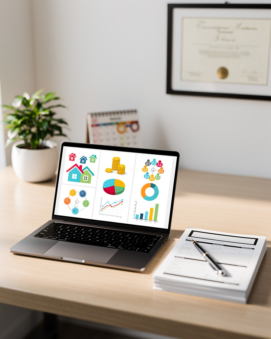 Современный рабочий стол с ноутбуком, показывающим инфографику по жилищным программам, и документами, символизирующими поддержку в вопросах жилья.
