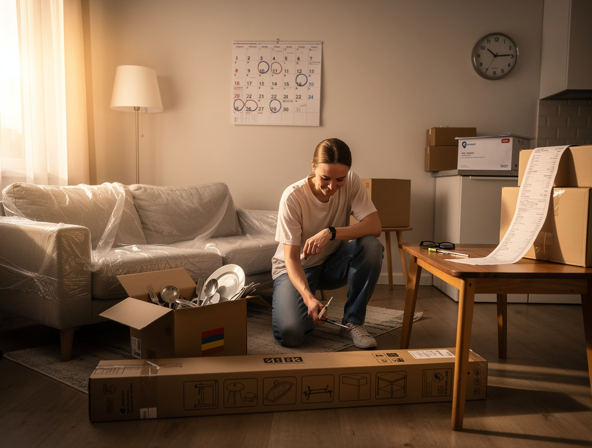 Человек распаковывает вещи в новой квартире, окружённый предметами для обустройства и напоминаниями о регулярных платежах.