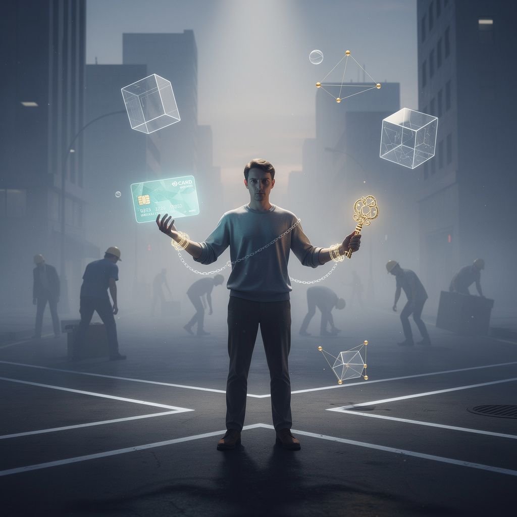Человек на перекрёстке с кредитной картой и ключом микрозайма в туманном городе, символизируя долг и доступность финансов.