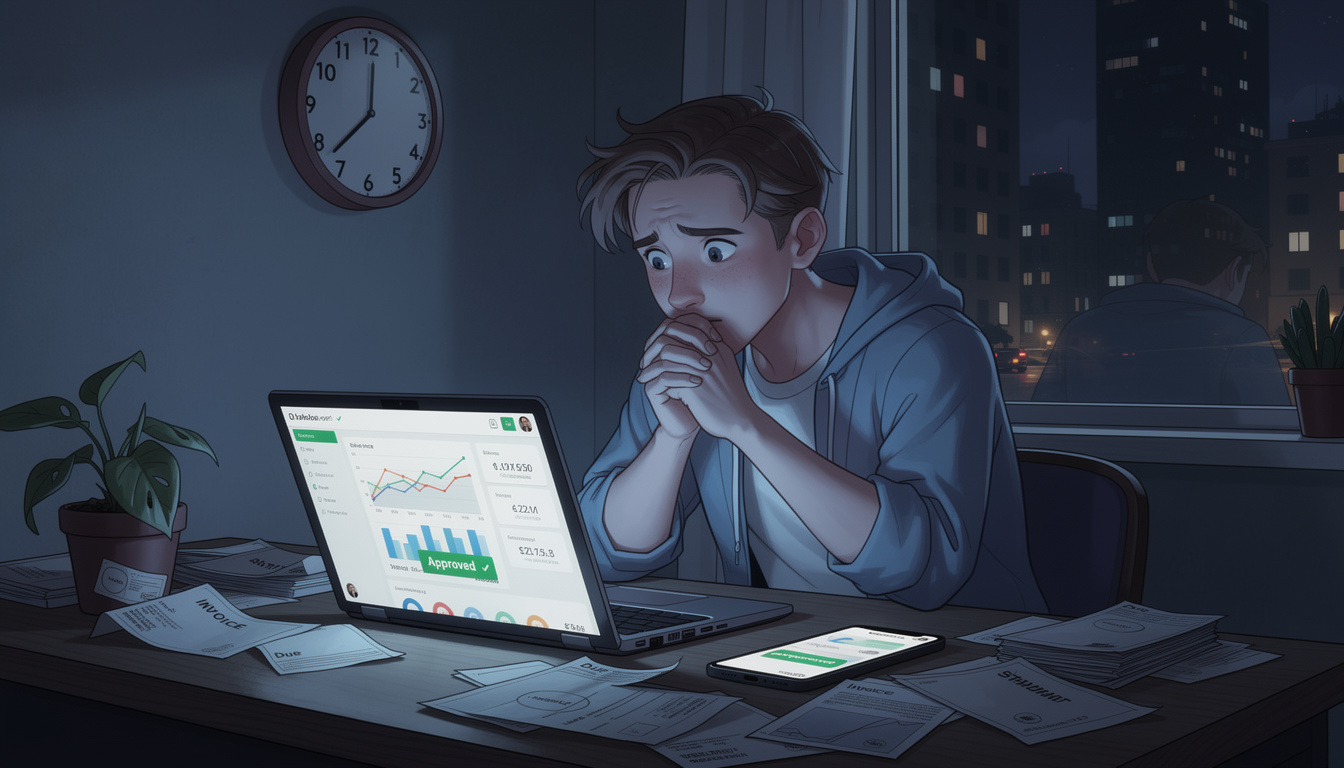 Человек за столом ночью с ноутбуком, получающий одобрение микрозайма на смартфоне, в окружении беспорядка и срочности.