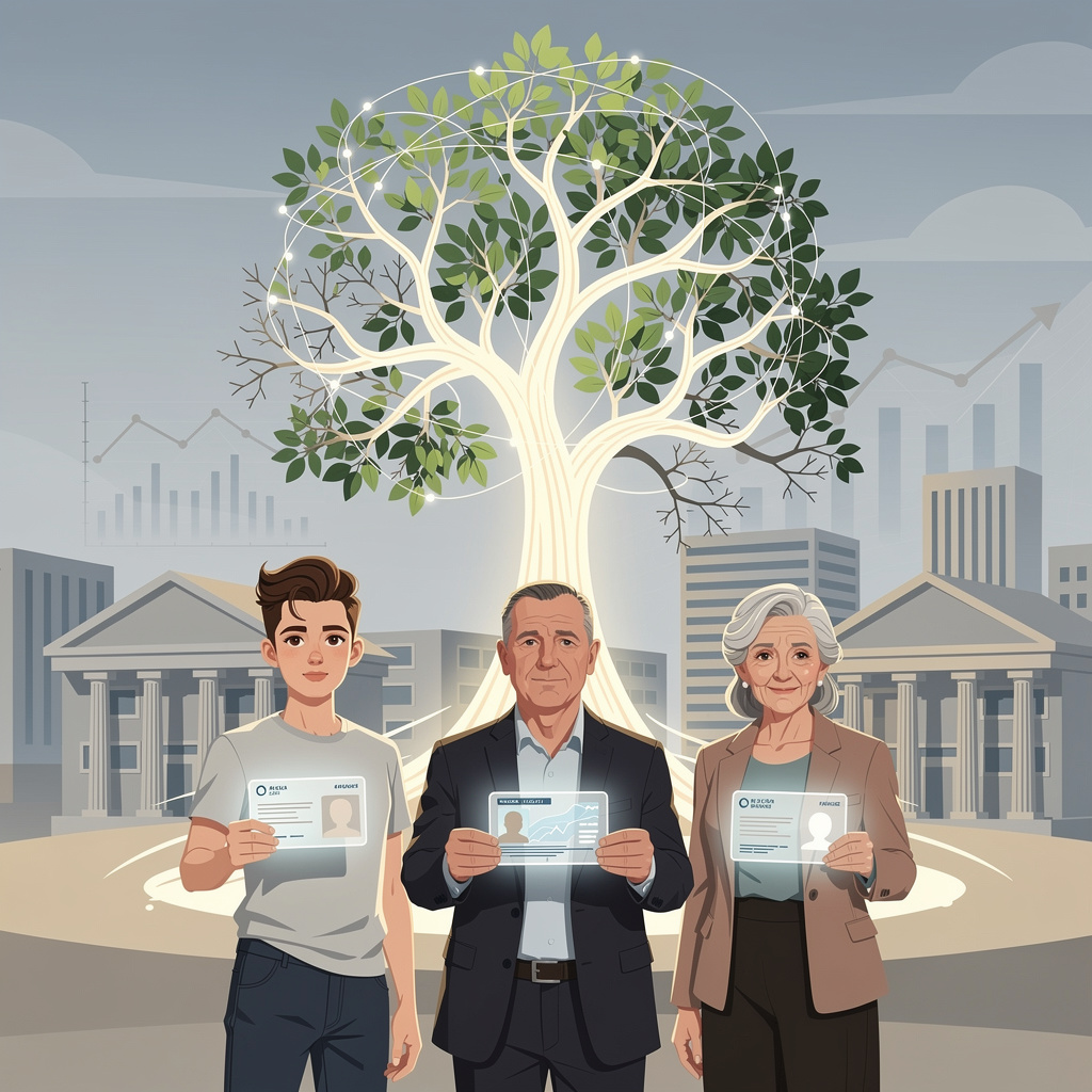 Символическое изображение требований к заёмщику: возраст, гражданство и кредитная история в виде разнообразных фигур и абстрактных элементов.